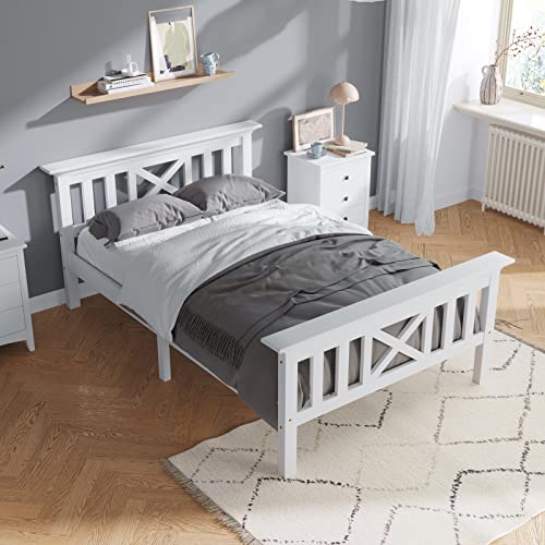 Bett Holz Massiv, Bett Einzelbett 90X200cm Massivholz Weiß mit Holzkopfteil Kiefernbett für Teenager Erwachsene von Whoiy