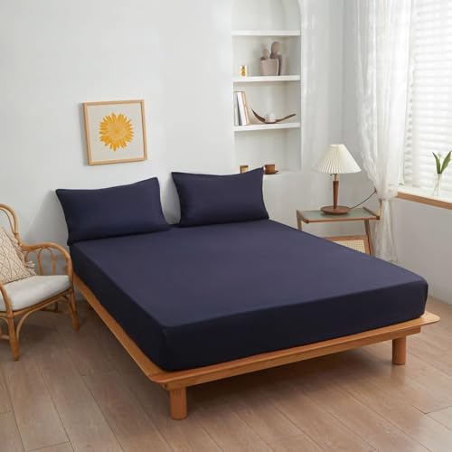 Bettlaken Boxspringbett 160x200cm Polyester, Spannbetttuch Marineblau Einfarbig Bettspanntuch Matratzenhöhe bis 25cm Hoch von Whoiy