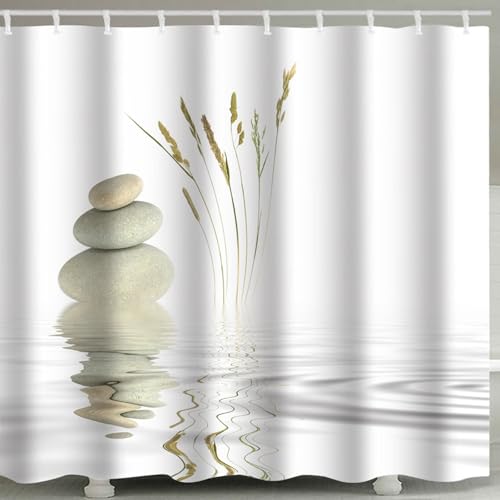 Dusch Vorhang Antischimmel Wasserdicht 120 x 180 cm Polyester, Bad Vorhang Textil Stoff mit Motiv Zen Weiss für Badewanne und Dusche im Badezimmer Bathroom Curtains mit Duschvorhangringe von Whoiy