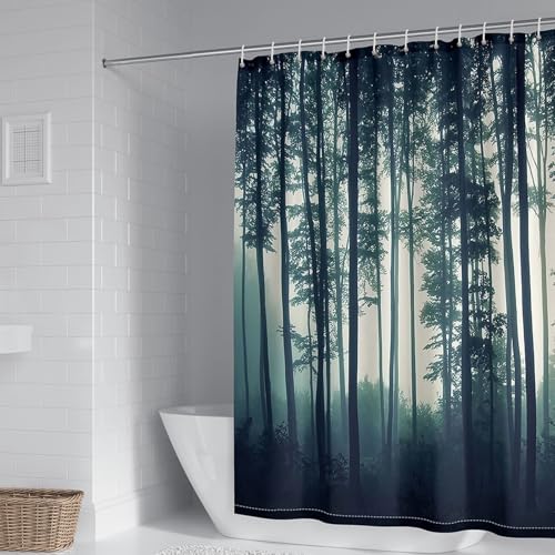 Dusch Vorhang Polyester 120 x 180 Wald, Bad Vorhang Textil Stoff mit Motiv Antischimmel für Badewanne und Dusche Bathroom Curtains Dunkelgrün Wasserdicht mit Duschvorhangringe von Whoiy