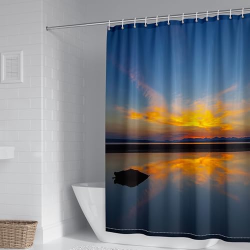 Dusch Vorhang Polyester 300 x 200 Meer und Sonnenuntergang, Badvorhang Textil Stoff mit Muster Naturlandschaft Antischimmel für Badewanne Bathroom Curtains Orange Blau Waschbar mit Duschvorhangringe von Whoiy