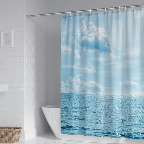 Duschvorhänge 150 cm Breit Anti Schimmel, Badvorhang Polyester Textil Stoff Ocean Motiv Wasserdicht Shower Curtains Blauweiß für Badewanne und Dusche im Badezimmer mit Duschvorhangringe 150 x 200 cm von Whoiy