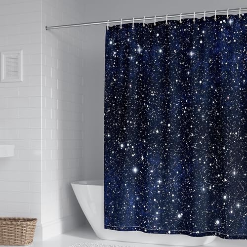Duschvorhänge Anti Schimmel Wasserdicht 150 x 200 cm, Badvorhang Textil Stoff mit Motiv Sternenhimmel Dunkelblau für Badewanne und Dusche im Badezimmer Shower Curtains mit Duschvorhangringe von Whoiy