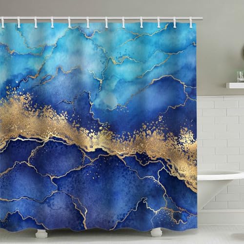 Duschvorhang 200 x 230 Blau Wasserdicht, Badevorhang Textil Stoff Polyester Marmor Motiv Anti Schimmel Shower Curtain mit Duschvorhangringe für Badewanne und Dusche von Whoiy