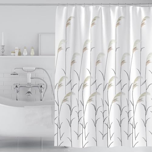 Duschvorhang 260 cm Breit Anti Schimmel, Badezimmer Vorhang Polyester Textil Stoff Gedruckt Muster Waschbar Shower Curtains Weiß für Badewanne mit Duschvorhangringe 260 x 200 cm von Whoiy