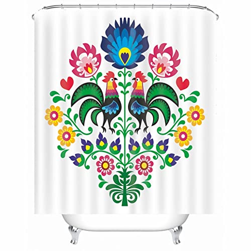 Duschvorhang Blumen 120X180, Duschrollo Vorhang Polyester Duschvorhänge Paar Huhn mit Blume Weiss für Outdoor Hotel von Whoiy