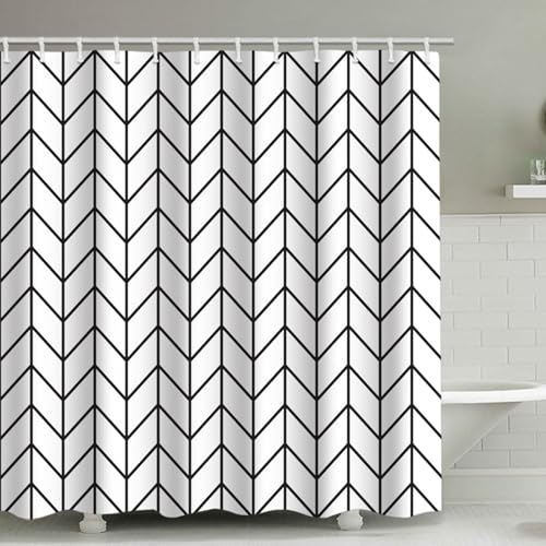 Duschvorhang Polyester 200 x 230 Streifen, Badewanne Vorhang Textil Stoff mit Muster Anti Schimmel für Badewanne Shower Curtains Weißschwarz Waschbar mit Duschvorhangringe von Whoiy