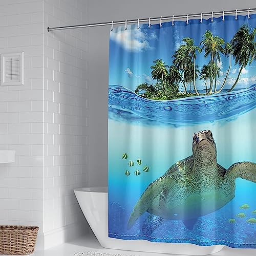 Duschvorhang Textil 180X200, Badewannenvorhang Waschbar Polyester Shower Curtains Kokospalme und Schildkröte Blau Grün für Outdoor Hotel von Whoiy