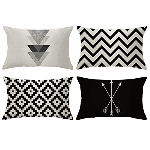 Kissenbezüge Schwarz, Pillow Cover Modern Weiß Nordisch Geometrisch 30x50cm Leinen Kissenhülle 4er Set für Sofa Couch Bett von Whoiy