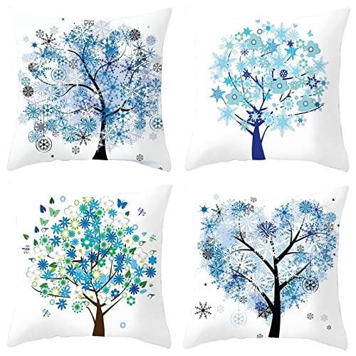 Kissenbezug 40X40 4Er Set, Kissenhüllen Vintage Polyester Kissenbezug Blumen-Herz-Baum Weiß Blau für Stuhl Sofa Wohnzimmer Schlafzimmer von Whoiy