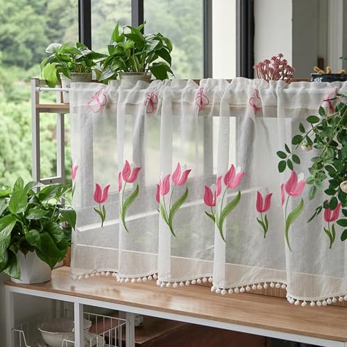 Küchen Scheibengardinen 1 Stück Modern, Bistrogardinen Halbtransparent Weiss Fenster Vorhänge Spitze Fenstergardinen Kurz Tulpen Stickerei mit Quaste 60x180cm von Whoiy