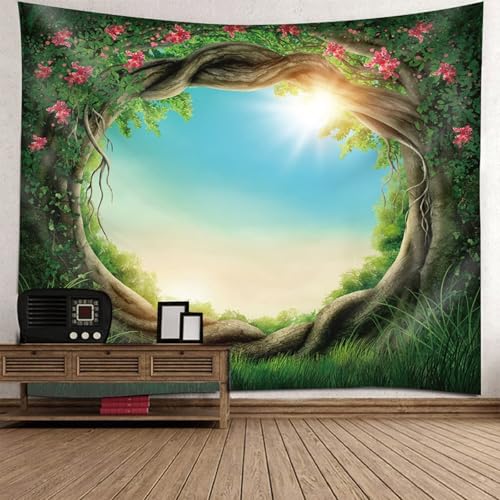 Sonne und Bäume Wandteppich Landscape Wandbehang 350x256cm Groß, Polyester Tapisserie Wandtuch Grün Wanddekor für Schlafzimmer Wohnheim Wohnzimmer von Whoiy