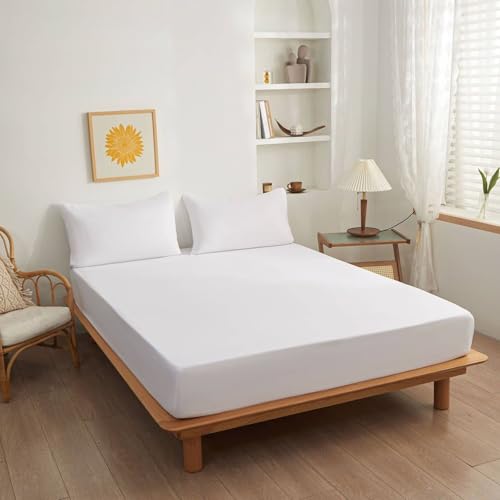 Spannbettlaken 100x190cm Baumwolle Matratzenhöhe bis 20cm, Spannleintuch Einfarbig Weiß Bettlaken Boxspringbett von Whoiy