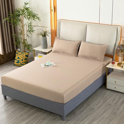 Spannbettlaken 180x200cm Baumwolle Polyester Matratzenhöhe bis 25cm, Spannbetttücher Einfarbig Hellkaffee Bettlaken Boxspringbett mit 2teilig Kissenbezüge von Whoiy