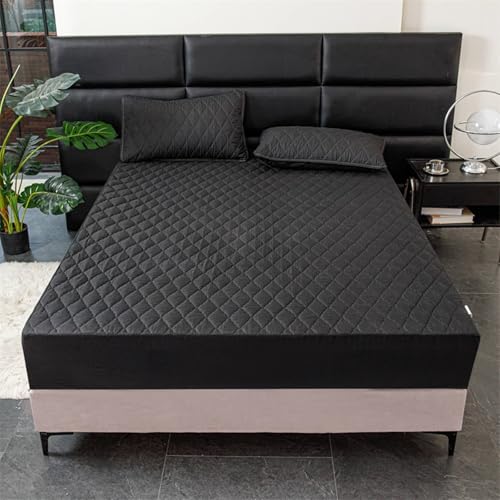 Spannbettlaken 180x220cm Einfarbig Schwarz, Spannbetttücher Boxspringbett mit 2 Kopfkissenbezug Wasserdicht Bettlaken mit 3D Muster mit Elasthan Matratzenhöhe bis 30cm von Whoiy