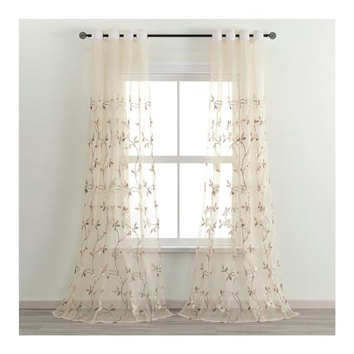 Whoiy 2 Stück Polyester Voile Vorhang Beige mit Ösen 229 Lang, Transparente Sheer Curtain Blumen Bestickt Wohnzimmer Kurz, H229 x B107 cm von Whoiy
