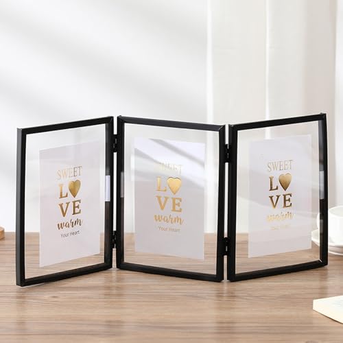 Whoiy Bilderrahmen Schwarz Metall Quadratisch für 3 bilder Vertikal, Kleine Fotorahmen 10x10 Dreifach Gefaltet Acrylglas Tischaufsteller Hochzeit Weihnachten Geburtstag Geschenk von Whoiy