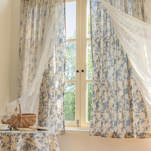 Whoiy Blickdichte Curtain Baumwollpolyester Blau und Weiß 260 cm Lang, Gedruckt Gardine Vorhang mit Haken Moderne Fenster Wohnzimmer Verdunklungsvorhänge 2 Stück, H260 x B140 cm von Whoiy