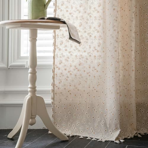 Whoiy Blume Bedruckt Gardine Vorhang 2er Set Blickdicht Beige, Leinen Baumwolle Curtain Schlafzimmer Kurz Moderne Verdunklungsvorhänge mit Ösen, H260 x B150 cm von Whoiy