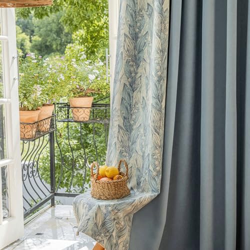 Whoiy Blume Bedruckt Gardinen Vorhänge 2er Set Verdunkelung Blau, Chenille Blackout Curtain Schlafzimmer Ösen Kurz Moderne Verdunkelungsvorhänge, H244 x B132 cm von Whoiy