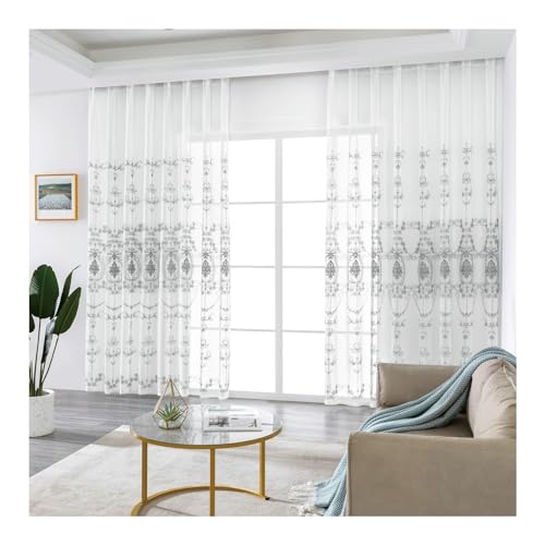 Whoiy Blumen Bestickt Transparente Voile Gardinen Grau und Weiß 183 cm Höhe, 2 Stück Semi Sheer Curtain Polyester mit Ösen Moderne Kurz für Schlafzimmer, H183 x B102 cm von Whoiy