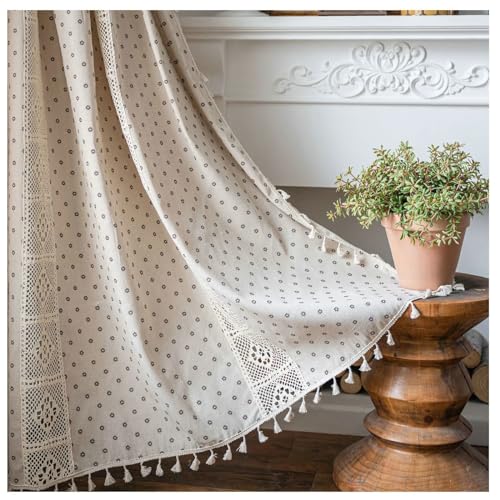 Whoiy Boho Blickdichte Gardinen Beige 220 cm Lang, 2 Stück Vorhänge Polyester Moderne Haken Verdunklungsgardine Kurz für Schlafzimmer, H220 x B150 cm von Whoiy