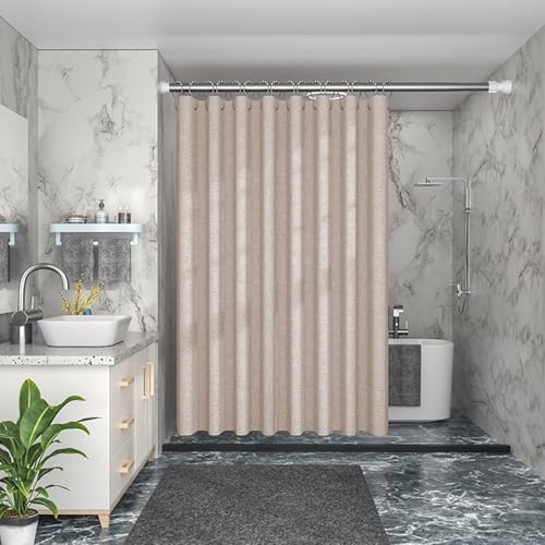 Whoiy Dusch Vorhang 120 x 180 Polyester Beige Waschbar, Duschvorhänge Textil Stoff Leinenoptik Dick mit Gewichten unten Motiv Badewanne Vorhang für Badewanne und Dusche mit Duschvorhangringe von Whoiy