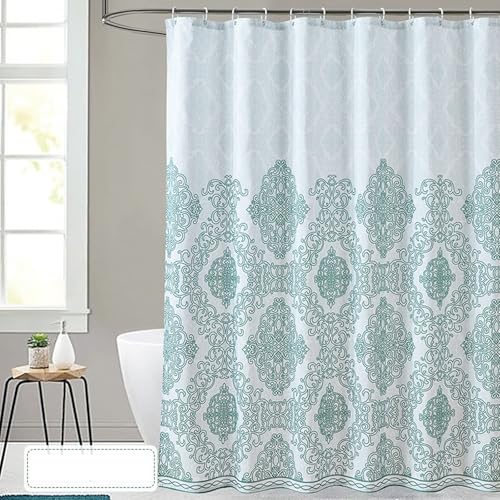 Whoiy Dusch Vorhang 150 x 180 Grün Waschbar, Badezimmer Vorhang Textil Stoff Polyester Blumen Gedruckt Motiv Antischimmel Bathroom Curtains mit Duschvorhangringe für Badewanne von Whoiy