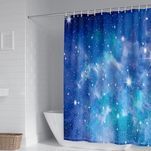 Whoiy Dusch Vorhang 300 cm Breit Antischimmel, Badevorhang Polyester Textil Stoff Sternenhimmel Muster Waschbar Bathroom Curtains Blau für Badewanne mit Duschvorhangringe 300 x 200 cm von Whoiy