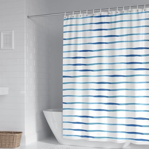 Whoiy Dusch Vorhang 300 cm Breit Antischimmel, Badewanne Vorhang Polyester Textil Stoff Streifen Muster Waschbar Bathroom Curtains Weißblau für Badewanne mit Duschvorhangringe 300 x 200 cm von Whoiy