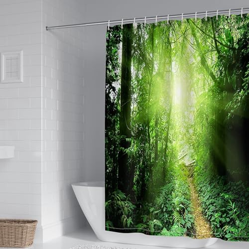 Whoiy Dusch Vorhang 300 cm Breit Antischimmel, Badvorhang Polyester Textil Stoff Wald Muster Waschbar Bathroom Curtains Naturlandschaft Grün für Badewanne mit Duschvorhangringe 300 x 200 cm von Whoiy