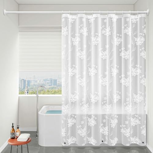 Whoiy Duschvorhang 120 x 200, Weiß Duschvorhang Blumen Durchsichtig Wasserdicht Antischimmel Badvorhang mit Duschvorhangringen von Whoiy