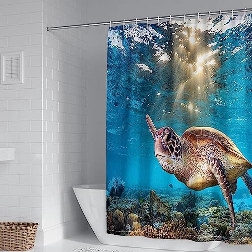 Whoiy Duschvorhang 180X200 Tiere, Duschvorhang Waschbar Polyester Badegardinen Marine und Schildkröten Blau für Outdoor Hotel von Whoiy