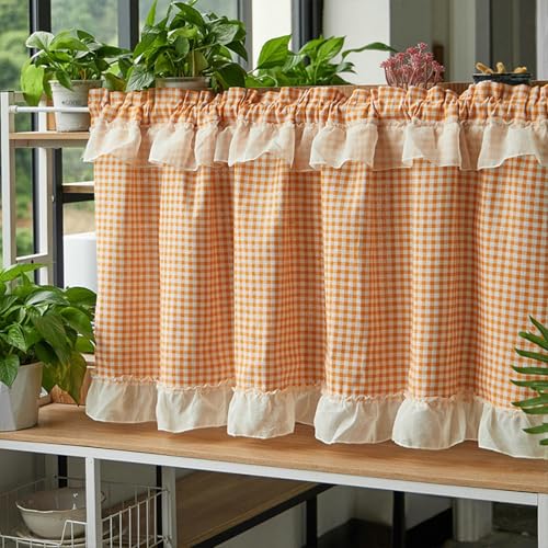 Whoiy Gardinen Küche Halbverdunkelnde 1 Stück Modern 60 cm Höhe, Scheibengardine Küche Baumwolle Leinen Orange Kariert Bistrogardine mit Spitzenrüschen Wohnzimmer Landhaus 60x76cm von Whoiy