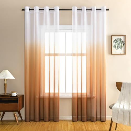 Whoiy Gardinen Vorhänge Kaffee Transparent Kurz 107 Breit, 2er Set Polyester Moderne Transparente Gardine Farbverlauf Ösen für Wohnzimmer, H244 x B107 cm von Whoiy