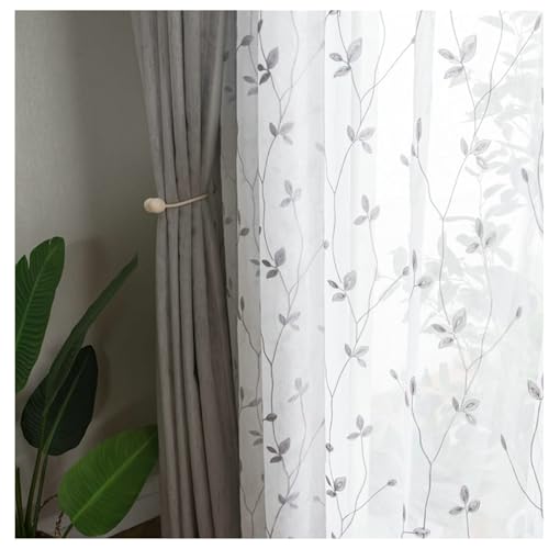Whoiy Grau und Weiß Voile Vorhang Leinen mit Haken 214 Höhe, 2er Set Moderne Transparente Sheer Curtain Kurz Blätter Bestickt Fenster Voile Vorhang für Wohnzimmer, H214 x B132 cm von Whoiy