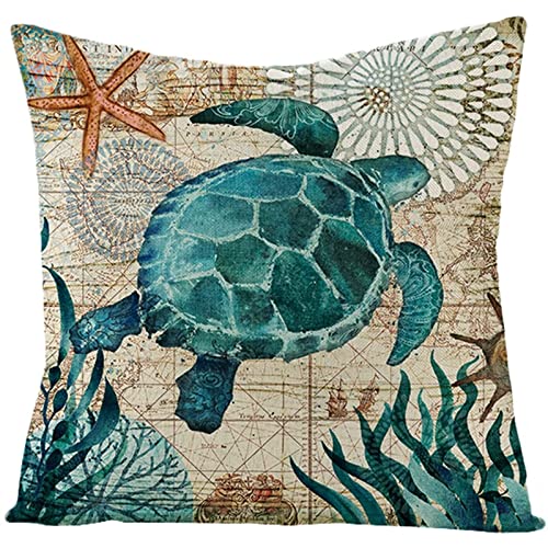 Kissenbezug 50X50 cm, Sofakissen Vintage Landhaus Leinen Kissenhüllen 1Stück Schildkröte Blaugrün für Stuhl Wohnzimmer Schlafzimmer von Whoiy