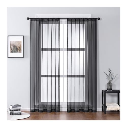Whoiy Polyester Transparente Voile Gardine 2 Stück, Moderne Fenster Vorhänge Schwarz Wohnzimmer Rod Tasche Einfarbig, H244 x B137 cm von Whoiy