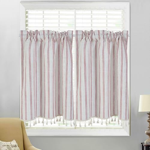 Whoiy Scheibengardine Küche 2er Pack Modern, Stores Gardinen Halbverdunkelnde Beige Rot Fenstervorhänge Leinen Vorhänge Fenster Kurz Gestreift mit Quaste 41x130cm Whoiy Scheibengardine Küche 2er Pack Modern, Stores Gardinen Halbverdunkelnde Beige Rot Fenstervorhänge Leinen Vorhänge Fenster Kurz Gestreift mit Quaste 41x130cm von Whoiy