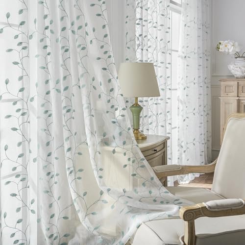 Whoiy Scheibengardine Küche Modern, Stores Gardinen Halbtransparent Küchengardine Blau Polyester Fenster Vorhänge Kurz Zweige Blattstickerei 2er Set 76x76cm von Whoiy