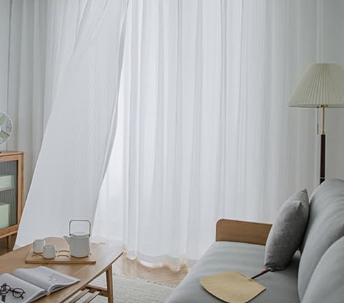 Whoiy Schlafzimmer Gardiene Weiß Polyester Einfarbig mit Ösen, Voile Vorhänge Transparente 2 Stück Fenster Vorhang für Wohnzimmer, 229x132 cm von Whoiy
