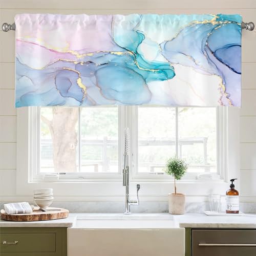 Whoiy Schlaufengardinen Kurz Modern 45 cm Höhe, Stores Gardinen Halbverdunkelnde Marmor Rosa Blau 1er Pack Fenster Vorhänge Kurz Polyester Bedruckt Halbe Gardinen Fenster 45x137cm von Whoiy