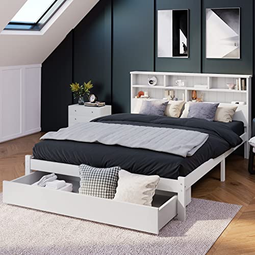 Whoiy Schrankbett, Bett Weiß 140X200 Massivholz Doppelbett mit Schubladen und Wandregal Regal Lattenrost Aufbewahrung Bett Ohne Matratze von Whoiy