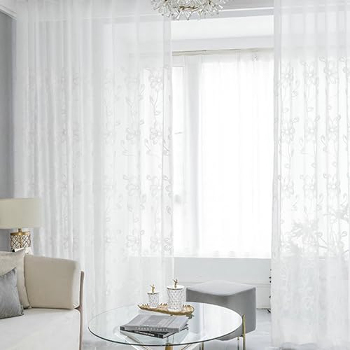 Whoiy Transparente Gardinen Vorhänge Polyester Weiß 215 cm Lang, Blumen Bestickt Transparent Vorhang Rod Tasche Moderne Fenster Schlafzimmer 2er Set, H215 x B140 cm von Whoiy