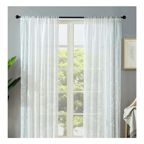 Whoiy Transparente Transparent Gardine Weiß Rod Tasche, Polyester Gardine Vorhang Blumen Bestickt Kurz 2er Set für Wohnzimmer, H115 x B107 cm von Whoiy