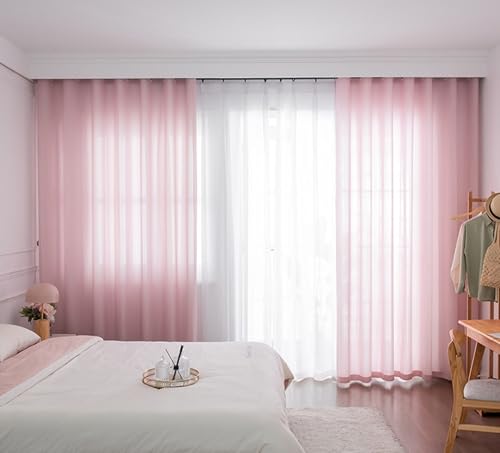 Whoiy Voile Vorhänge Rosa mit Ösen 2er Set, Einfarbig Gardinen Vorhang Transparente Polyester Moderne Fenstergardinen für Schlafzimmer Wohnzimmer, 214x86 cm von Whoiy