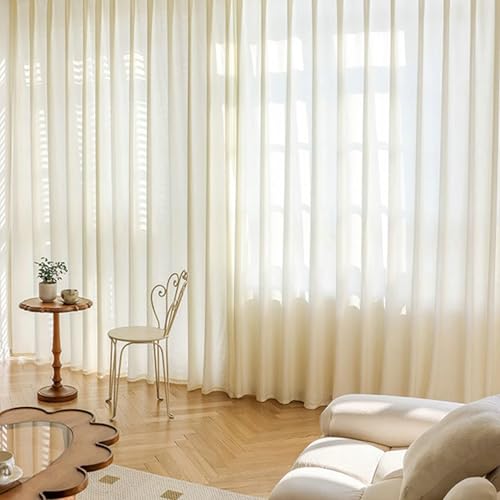 Whoiy Voile Vorhang für Schlafzimmer 147 cm Länge, 2er Set Gardinen Vorhänge Halbtransparent Einfarbig mit Ösen Beige Fenster Ösenvorhang Moderne Wohnzimmer, 147x107 cm(Höhe x Breite) von Whoiy