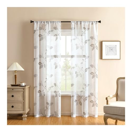Whoiy Vorhänge Grau Transparent 244 Höhe, 2 Stück Polyester Voile Gardine Blume Bedruckt Kurz Rod Tasche Wohnzimmer, H244 x B132 cm von Whoiy