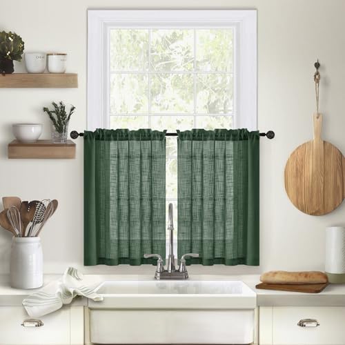 Whoiy Vorhänge Küchenfenster Durchsichtig 2er Pack Modern 78 cm Höhe, Küchen Scheibengardinen Leinenoptik Dunkelgrün Einfarbig Stores Gardinen Wohnzimmer Landhaus 78x63.5cm von Whoiy