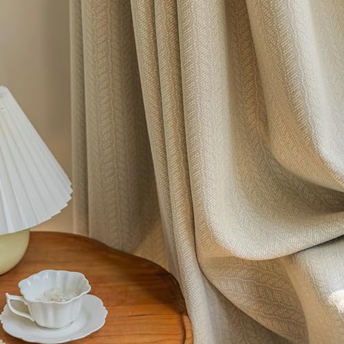 Whoiy Vorhang Jacquard Blickdicht Hellbraun 244 Lang, Chenille Gardinen 2 Stück Haken Verdunklungsvorhang für Schlafzimmer, H244 x B132 cm von Whoiy